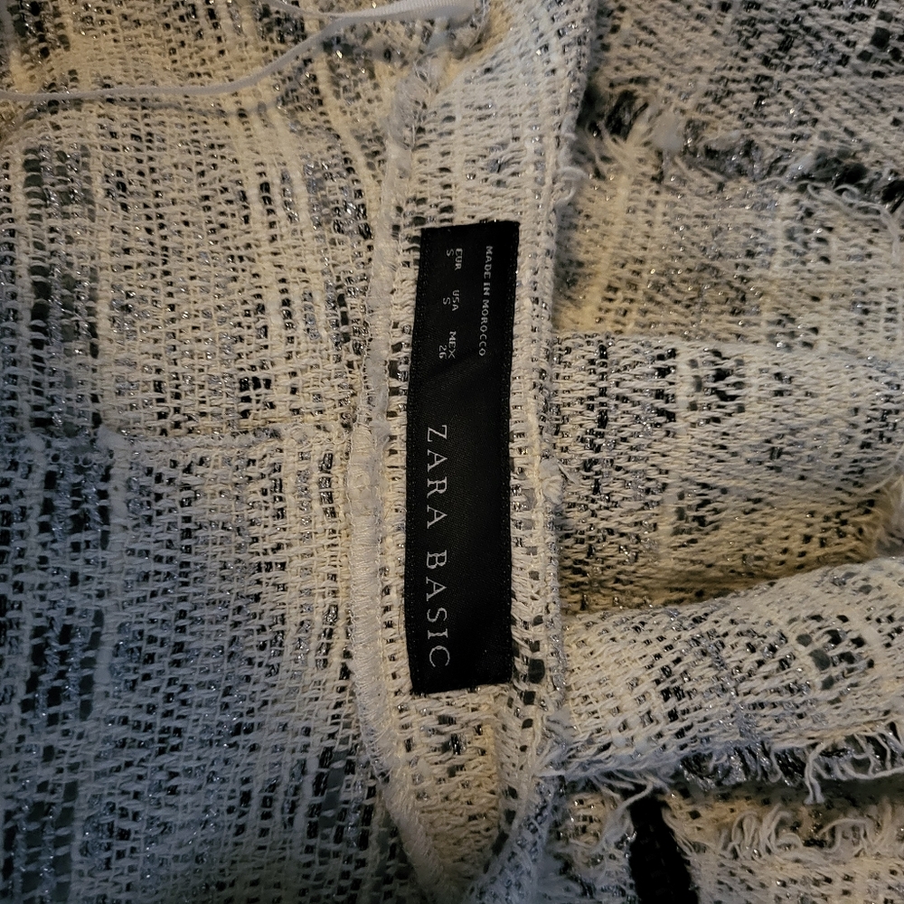 ZARA Tweed Jacket 6 Silver White Snap Front Fraying Zippered Pockets - Picture 5 of 5